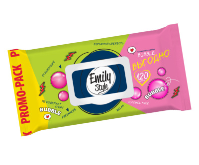 С0006950 ПРОМО Emily Style влаж салфетки BUBBLE FRESH ЭКОНОМ 100+20 штук упаковка с клапаном (+20% Б
